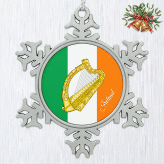 Ireland Snowflake, Harp, Irish Flag Snowflake Pewter Christmas Ornament