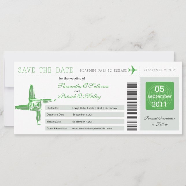 Ireland St Brigid's Cross Wedding Boarding Pass Save The Date (Front)