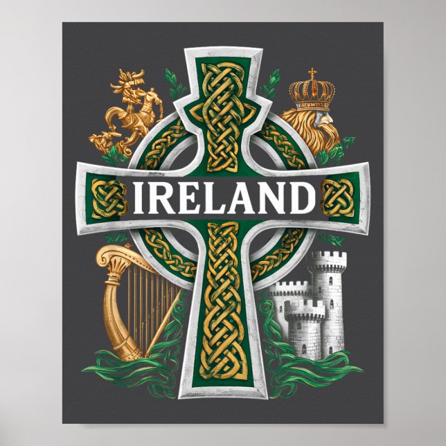 Ireland St Patrick Day Celtic Cross Green Celebrat Poster (Front)