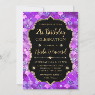 Iridescent and Gold Mermaid Scales Frame Birthday Invitation