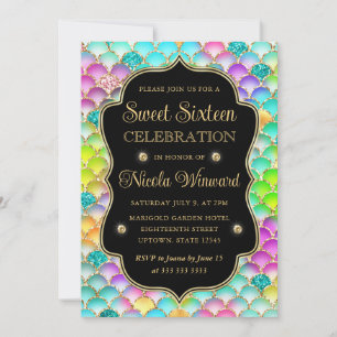 Iridescent and Gold Mermaid Scales Frame Sweet 16 Invitation