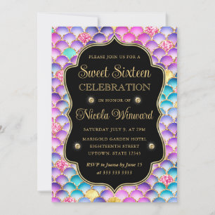 Iridescent and Gold Mermaid Scales Frame Sweet 16 Invitation