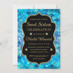 Iridescent and Gold Mermaid Scales Frame Sweet 16 Invitation