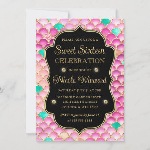 Iridescent and Gold Mermaid Scales Frame Sweet 16 Invitation