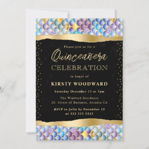 Iridescent and Gold Mermaid Scales Quinceanera Invitation