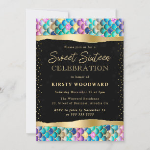 Iridescent and Gold Mermaid Scales Sweet 16 Invitation