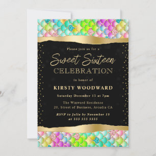 Iridescent and Gold Mermaid Scales Sweet 16 Invitation