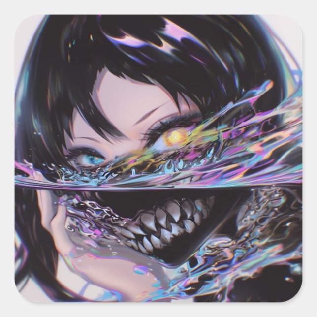 Iridescent Anime Horror: Liquid Smile Monster Square Sticker (Front)