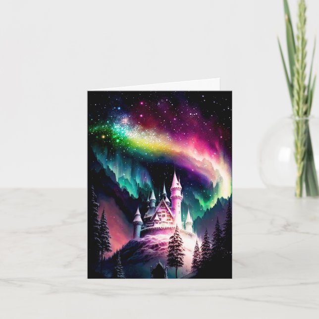 Iridescent Aurora Borealis Over Enchanted Castle Card (Front)