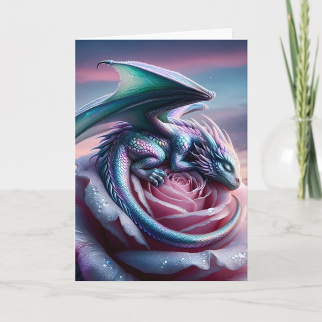 Iridescent Baby Dragon Asleep on Pink Rose Card (Front)