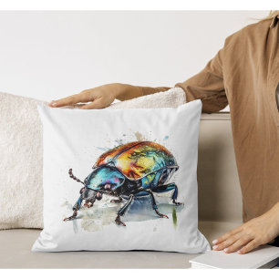 Iridescent Beetle in Watercolor Cushion