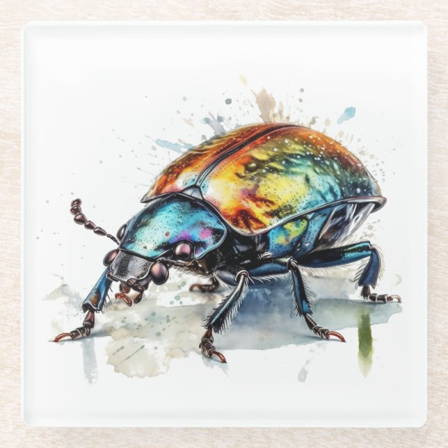 Iridescent Beetle in Watercolor Glass Coaster (Front)