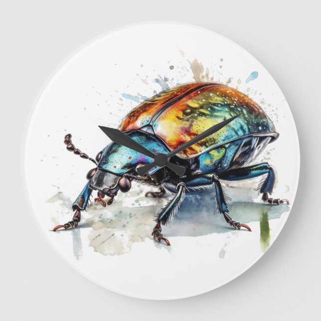 Iridescent Beetle in Watercolor Large Clock (Front)
