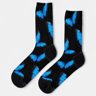Iridescent Blue Butterflies Black Pattern Socks