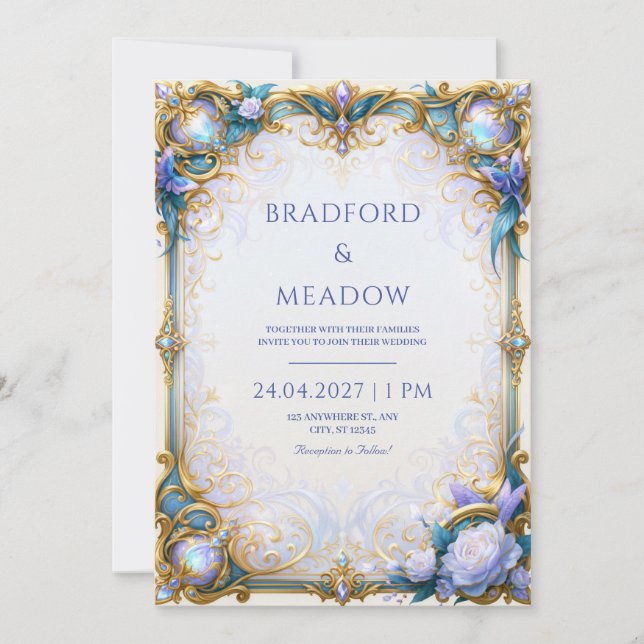 Iridescent Blue Butterfly Gilded Frame Wedding Invitation (Front)