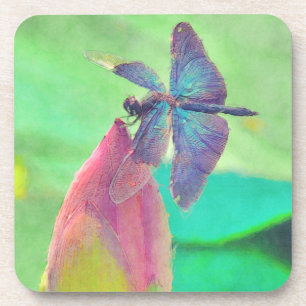 Iridescent Blue Dragonfly on Pink Waterlily Coaster