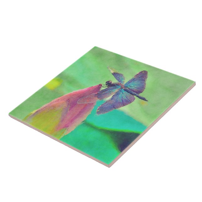 Iridescent Blue Dragonfly on Waterlily Ceramic Tile (Side)