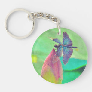 Iridescent Blue Dragonfly on Waterlily Key Ring