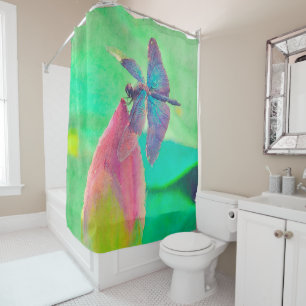 Iridescent Blue Dragonfly on Waterlily Shower Curtain