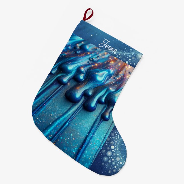 Iridescent Blue Dripping Colour Personalised  Large Christmas Stocking (Front (Hanging))