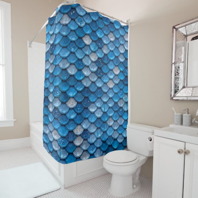 Iridescent Blue Glitter Shiny Mermaid Fish Scales Shower Curtain (In Situ)
