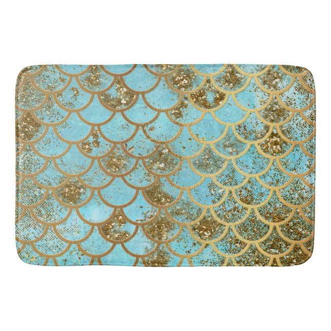 Iridescent Blue Gold Glitter Mermaid Fish Scales Bath Mat (Front)
