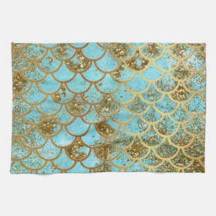Iridescent Blue Gold Glitter Mermaid Fish Scales Tea Towel