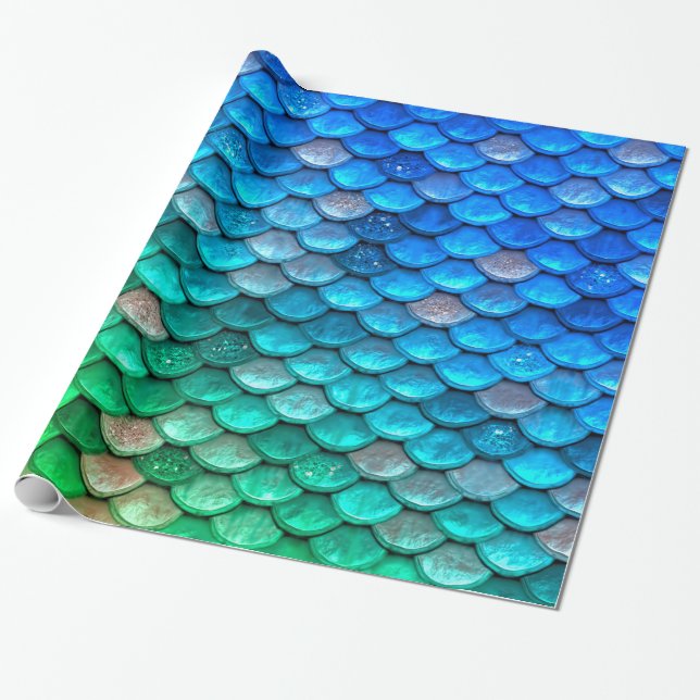 Iridescent Blue Green Glitter Mermaid Fish Scales Wrapping Paper (Unrolled)