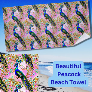 Iridescent Blue Green Peacock, Gold on Pink Beach Towel