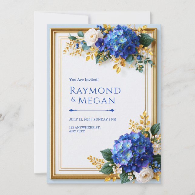 Iridescent Blue Hydrangea Gold Frame Wedding Invitation (Front)