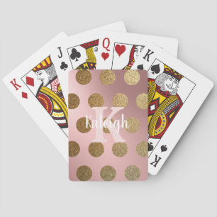 Iridescent Blush Pink Gold Polka Dots Monogram Playing Cards