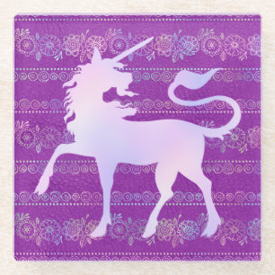 Iridescent Bohemian Pattern & Unicorn Silhouette Glass Coaster