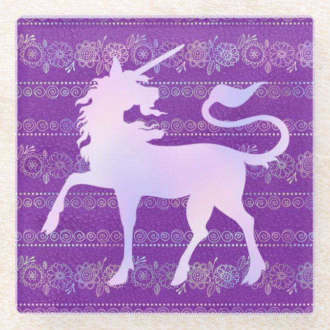 Iridescent Bohemian Pattern & Unicorn Silhouette Glass Coaster (Front)
