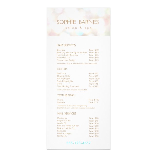 Iridescent Bokek Salon Price List Service Menu (Front)