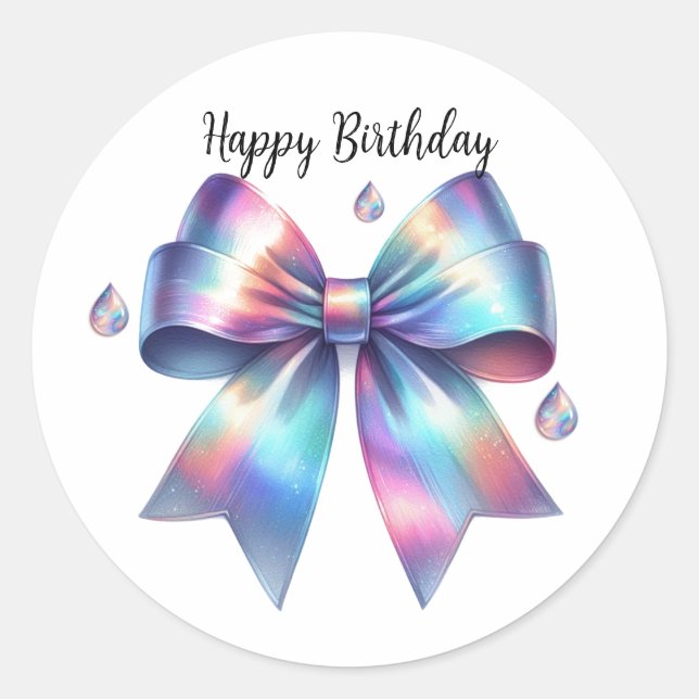 Iridescent Bow Happy Birthday Classic Round Sticker (Front)