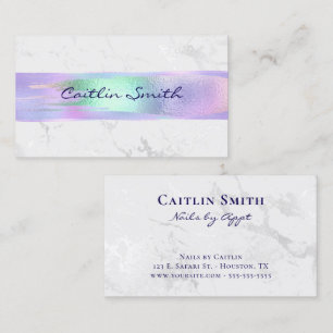Iridescent Brush Stroke Silver White Foil Marble Business Card