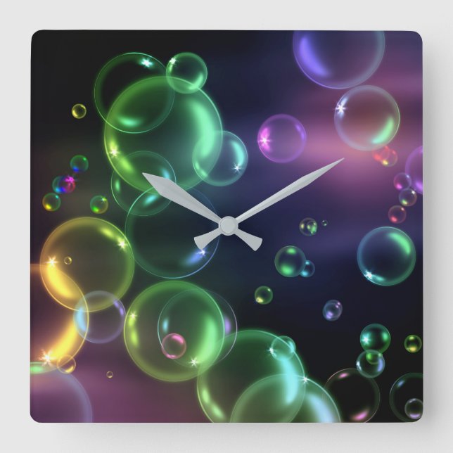 Iridescent Bubble On Black Square Wall Clock (Front)
