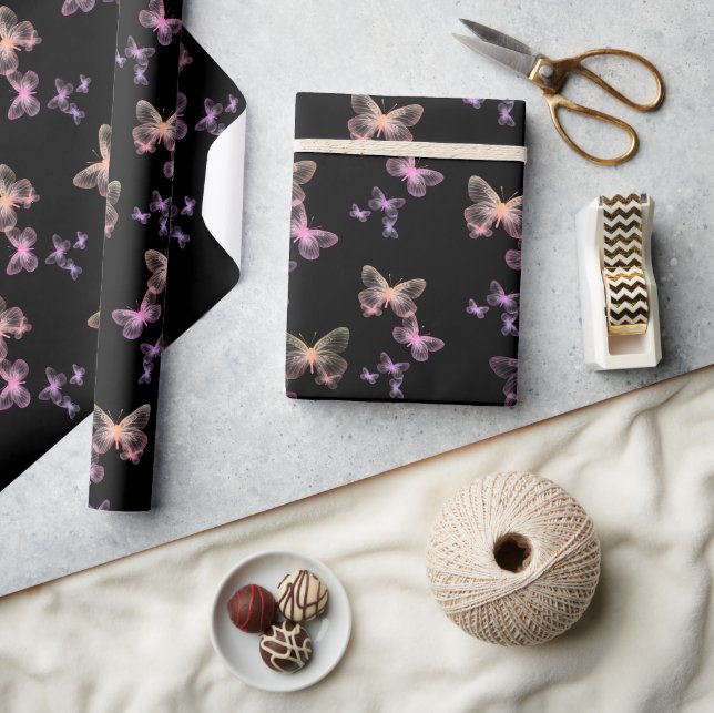 Iridescent Butterflies On Black Wrapping Paper (Crafts)