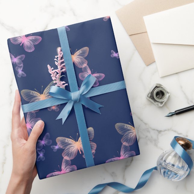 Iridescent Butterflies On Navy Blue Wrapping Paper (Gifting)
