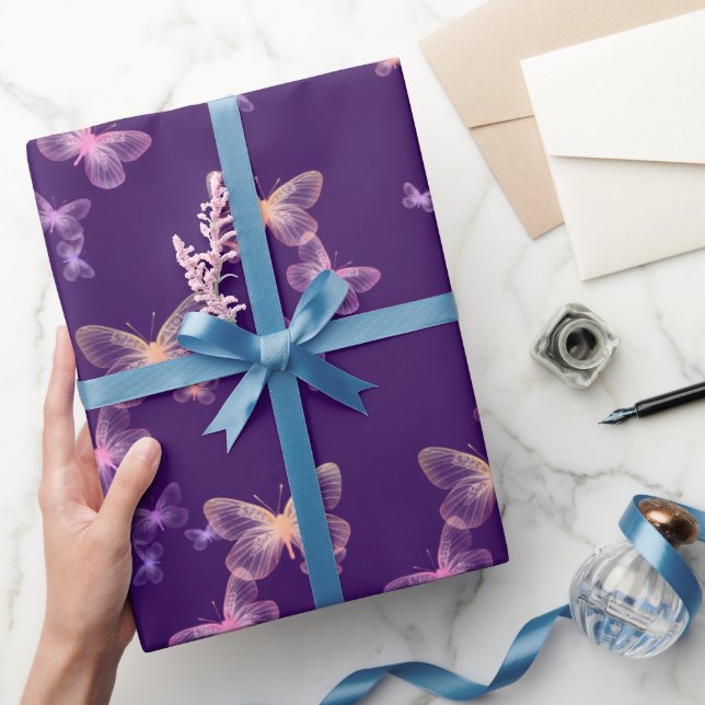 Iridescent Butterflies On Purple Wrapping Paper (Gifting)