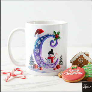 Iridescent Christmas Letter C with Snowman Coffee Mug