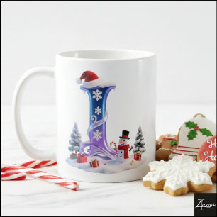 Iridescent Christmas Letter L with Snowman Coffee Mug