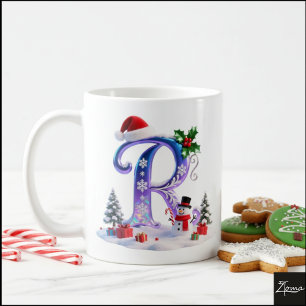 Iridescent Christmas Letter R with Snowman Coffee Mug