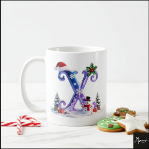 Iridescent Christmas Letter X with Snowman Coffee Mug
