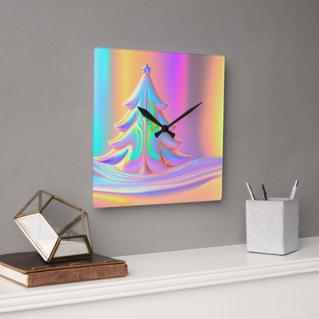 Iridescent Christmas Tree Square Wall Clock (Office)