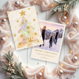 Iridescent Christmas Tree Watercolor Gold Stars Holiday Card