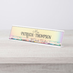 Iridescent Colourful Crayon School Teacher Educato Desk Name Plate