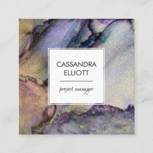 Iridescent Colours and Gold Alcohol Ink Liquid Art Square Business Card