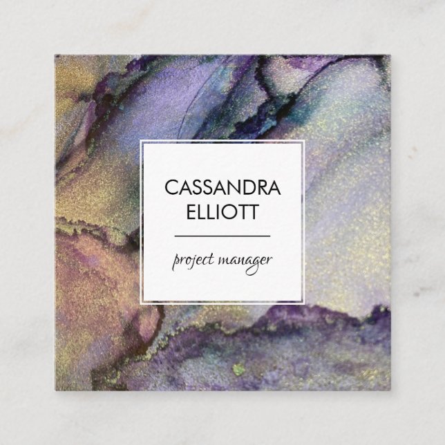 Iridescent Colours and Gold Alcohol Ink Liquid Art Square Business Card (Front)