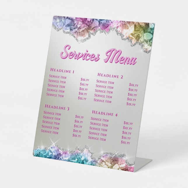 Iridescent crystals services menu pedestal sign (Front)